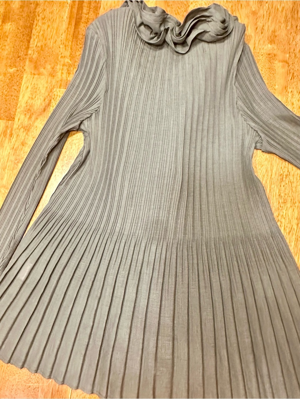 Japanese Fashion Je Crois Soi Micro Pleat Ruffle Tunic V-Neck Blouse Khaki/gray - Picture 13 of 16